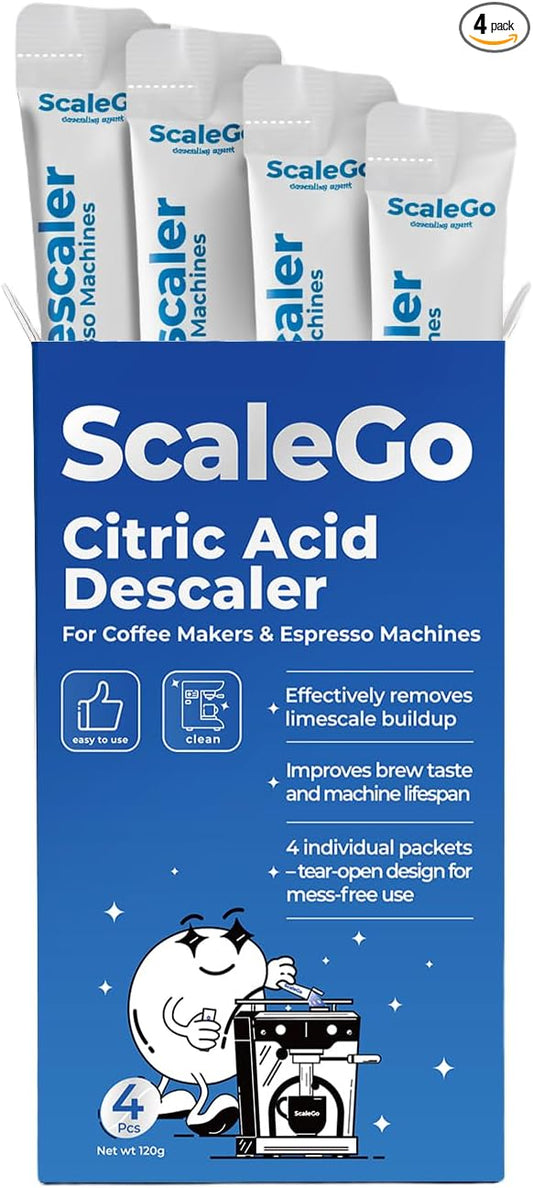 Coffee Machine Cleaner & Descaler | Citric Acid Descaling Powder | Pre-measured Package for Mess-Free Use & Storage | Removes Limescale | Compatible with Keurig, Nespresso, Breville | 4 Uses