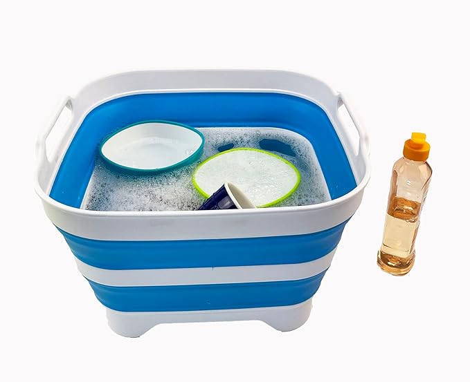 SAMMART 10L (2.64 Gallon) Collapsible Dishpan with Draining Plug - Foldable Washing Basin - Portable Dish Washing Tub - Space Saving Kitchen Storage Tray (White/Aqua Blue/White)