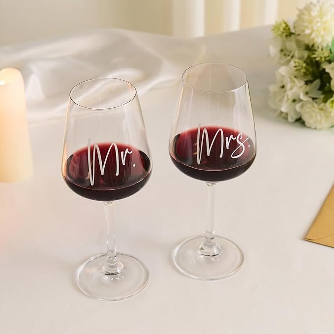 AW BRIDAL Mr and Mrs Wine Glasses Wedding Gifts for Couples 2026, Engagement Gift for Newly Engaged Couple, Bridal Shower and Bachelorette Gifts for Bride, Wine Opener Stopper and Wooden Keepsake Box
