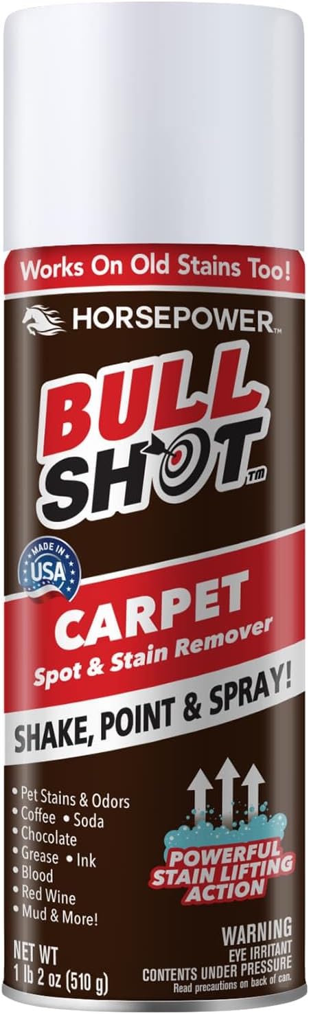 Horsepower Bull Shot Carpet Spot & Stain Remover, AS SEEN ON TV, Made In USA, Just Point & Spray, Stain-Lifting Foam-Action, Pet Stains & Odors, Coffee, Soda, Wine, Grease, New & Old Stains & More