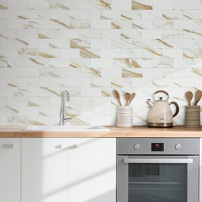 AULIGET 100-Piece Calacatta Gold Marble Look Peel and Stick Backsplash Wall Tiles, 3" x 6" Faxu Stone PVC Stick on Tile for Backsplash Kitchen, Bathroom, Laundry Room, Camper, Fireplace