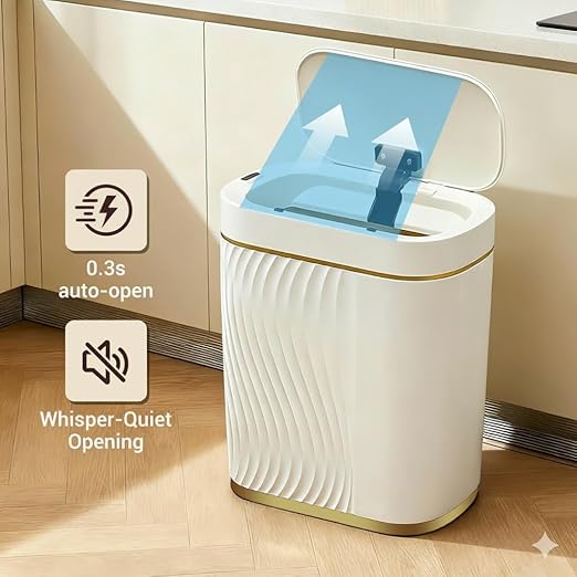 FreSup Automatic Motion Sensor Bathroom Trash Can with Lid - 2 Gallon Slim Touchless Automatic Garbage Can for Bedroom, Restroom, Office - White and Gold Aesthetic, Whisper Quiet, 11.6" Tall