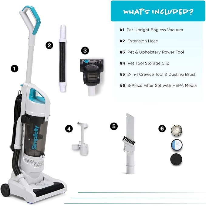 Simplicity Vacuums Pets Pro, Hard Floor and Carpet Vacuum Cleaners for Home Pet Hair, Upright, Bagless Lightweight, Powerful Suction in Homes with Dogs Plus Upholstery, Dust and Crevice Tools, SVPET