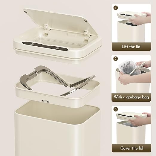 ELPHECO Stainless Steel Office Trash Can Motion Sensor Garbage Can Touchless Smart Trash Can Automatic Waste Bin for Kitchen, Office, Bathroom (Cream Beige, 3.5 Gallons)