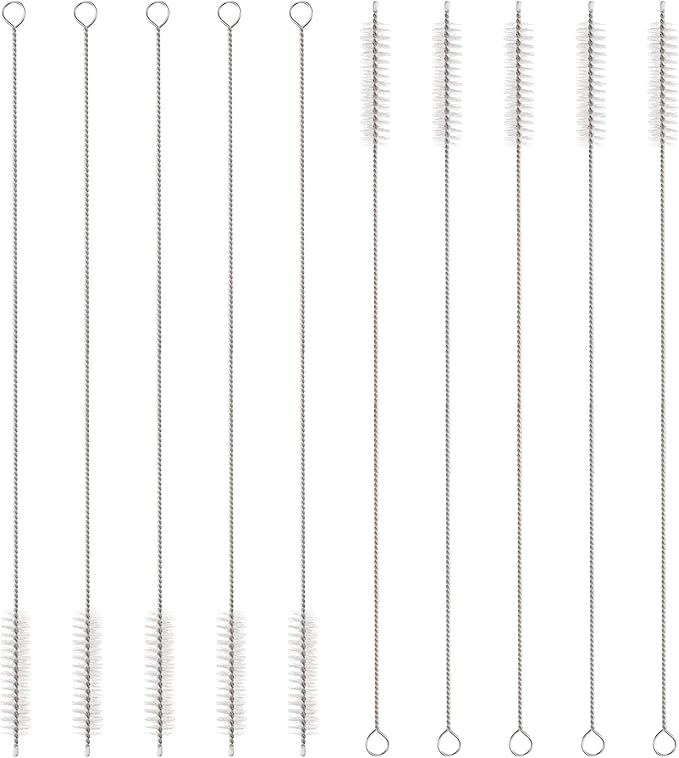 HARFINGTON Straw Cleaner Brush Set, 12 Inch Length 304 Stainless Steel and Nylon Bristles for Water Bottle Silicone Straw Sippy Cup Pipes, White (12mm OD, 10-Piece-Set)