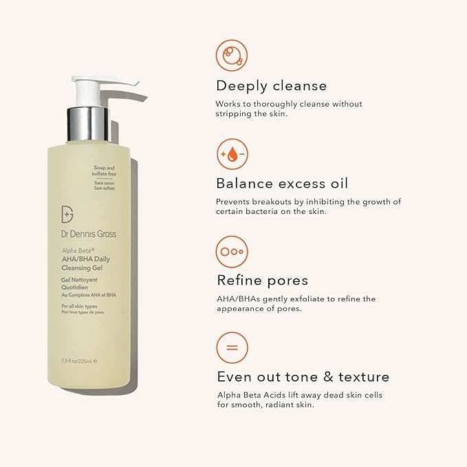 Dr Dennis Gross Alpha Beta® AHA/BHA Daily Cleansing Gel, for Skin That is Dull, Congested and Uneven Tone & Texture (7.5 Fl Oz)