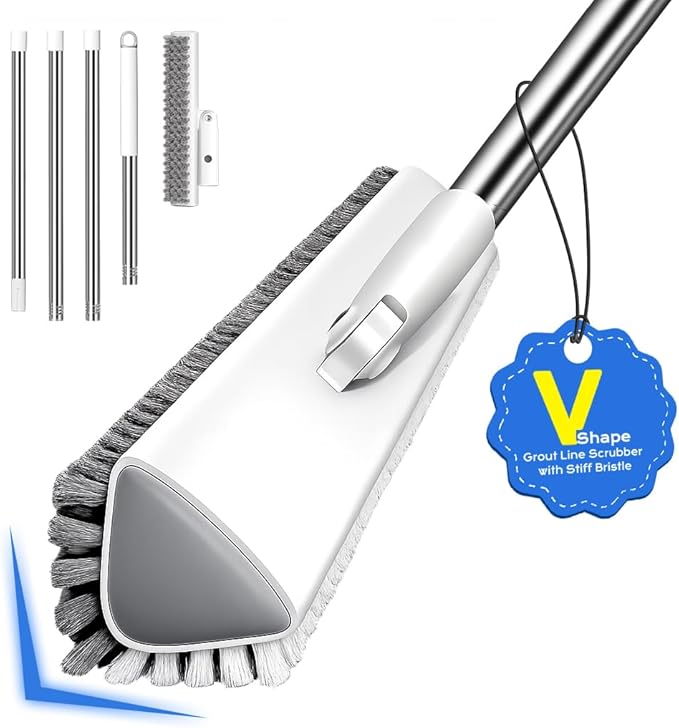Grout Brush with Long Heavy Duty Handle, 180° Swivel Floor Scrub Brush, V-Shaped Grout Line Scrubber with Stiff Bristles, Cleaning Brush for Deep Cleaning Tile Grout, Shower, Kitchen, and Concrete
