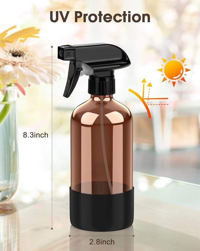 Glass Spray Bottle with Silicone Sleeve Protection, Amber Glass Spray Bottle Set for Window Cleaner Aromatherapy Facial Hydration Watering Flowers Hair Care 2 Pack/16 oz (Black & Brown)