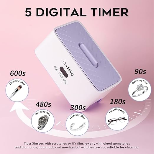 Adiding Jewelry Cleaning Machine, 1000mL (33.8oz) Sonic Retainer Ring Cleaner with 5 Time Mode and Degassing Function Ultrasonic for Glasses, Earrings, Necklaces, Denture, Coins, Pacifier (Purple)