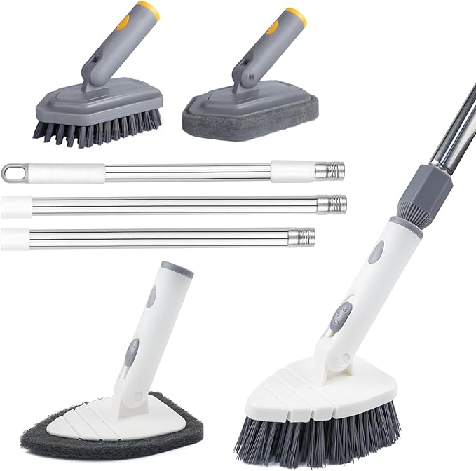 ITTAHO Tile Tub Scrubber Brush with 4 Cleaning Heads,59" Long Handle Stiff Bristles Scrub Brush with Extendable Pole, Rotatable Detachable Scrub Brush for Shower,Tile, Tub,Bathroom,Walls,Sink