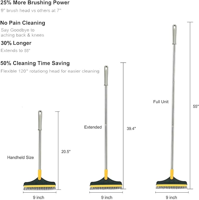 2 in 1 Cleaning Floor Scrub Brush Floor Brush Scrubber New Upgraded 53.5" Long Handle Grout Brush Scrape V-Shape Stiff Bristle Cleaning Brush with Squeegee 120°Rotating Tile Brush for Bathroom