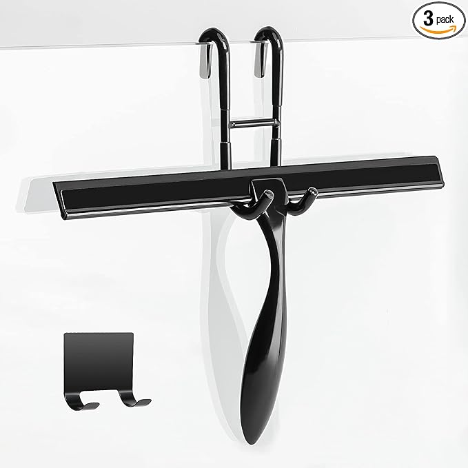 Simtive 12-Inch Shower Squeegee Set, Includes Shower Door Hook and Adhesive Hook, Squeegee for Shower Doors, Mirror and Window, Black
