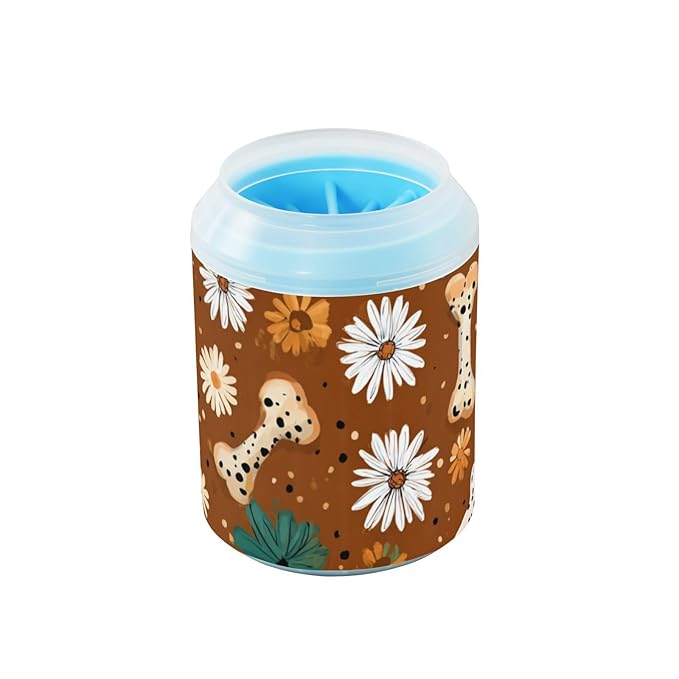 Dog Paw Cleaner Cups for Dogs Pet Foot Washer Paw Scrubber for Medium Small Dogs Cats Cleaning Cup Brown Daisy Dog Bones and Dragonflies