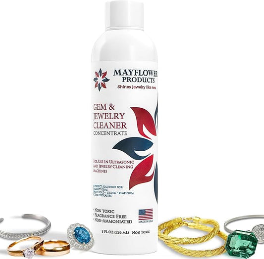 Mayflower Jewelry Cleaner for Ultrasonic Machine Made in USA Non Toxic Tarnish Remover Solution Concentrate for Cleaning Gems Diamond Rings Silver Gold and Platinum. Cleans Eyeglasses (8 oz)