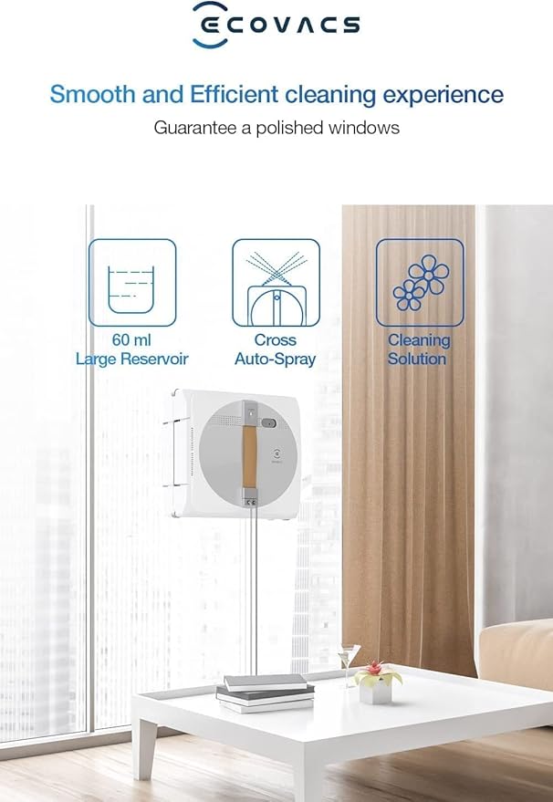 ECOVACS Winbot W1 Pro Window Cleaning Robot, Intelligent Cleaning with Dual Cross Water Spray Technology, Win SLAM 3.0 Path Planning, 2800Pa Suction Power, Edge Detection Technology, App Control,Grey
