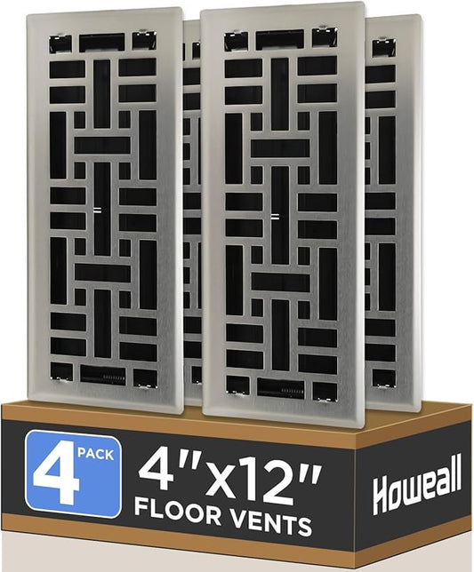 4x12 Inches 4 Pack Heavy Duty Walkable Floor Register - Easy Adjust Air Supply Lever Decorative Floor Vent Covers, Seattle Design Vent Covers for Home - Satin Nickel