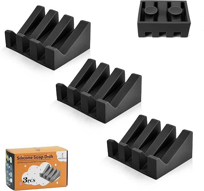 Silicone Soap Dish with Drain, Upgrade Double Suction Cups at The Bottom for Anti-Slip and Stability, Soap Dish Shower Waterfall Bar Soap Holder Tray with Drain Soap Holder (3, Black)