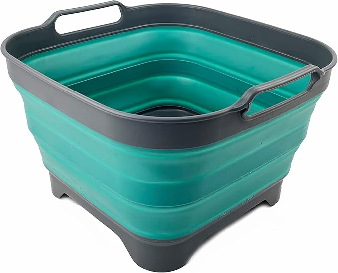 SAMMART 10L (2.64 Gallon) Collapsible Dishpan with Draining Plug - Foldable Washing Basin - Portable Dish Washing Tub - Space Saving Kitchen Storage Tray (Grey/Turquoise Blue)