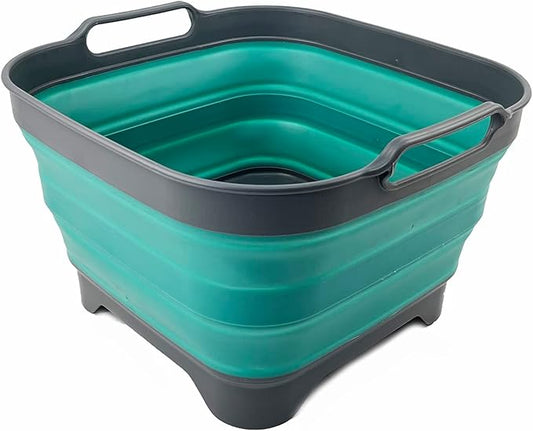 SAMMART 10L (2.64 Gallon) Collapsible Dishpan with Draining Plug - Foldable Washing Basin - Portable Dish Washing Tub - Space Saving Kitchen Storage Tray (Grey/Turquoise Blue)