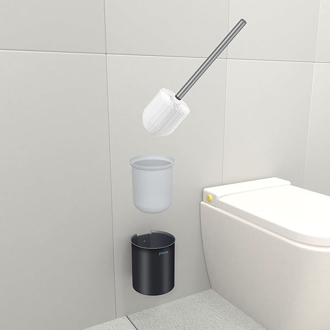 Toilet Brush and Holder Set, Toilet Bowl Brush with Stainless Steel Light Brush Handle, Soft Bristle, Wall Mounted/Floor Standing for Bathroom Space Saving
