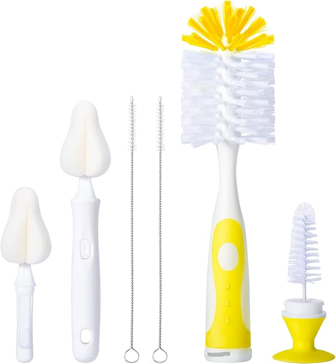 Baby Bottle Brush Set with Nipple Cleaner and Suction, 10.2" Cleaning Brush and 6.5" Sponge Bottle Brush with A Replacement Brush Head and Two 6.7" Straw Brushes, Pack of 5 (Yellow)