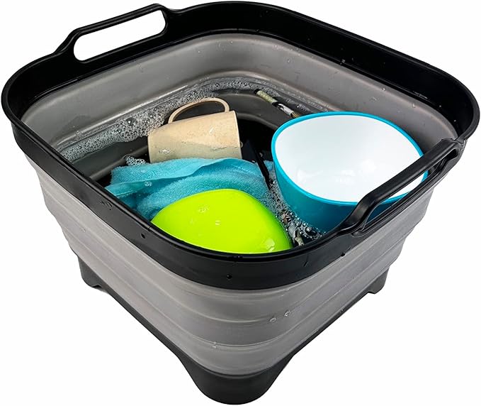 SAMMART 10L (2.64 Gallon) Collapsible Dishpan with Draining Plug - Foldable Washing Basin - Portable Dish Washing Tub - Space Saving Kitchen Storage Tray (Black/Alloy Grey)