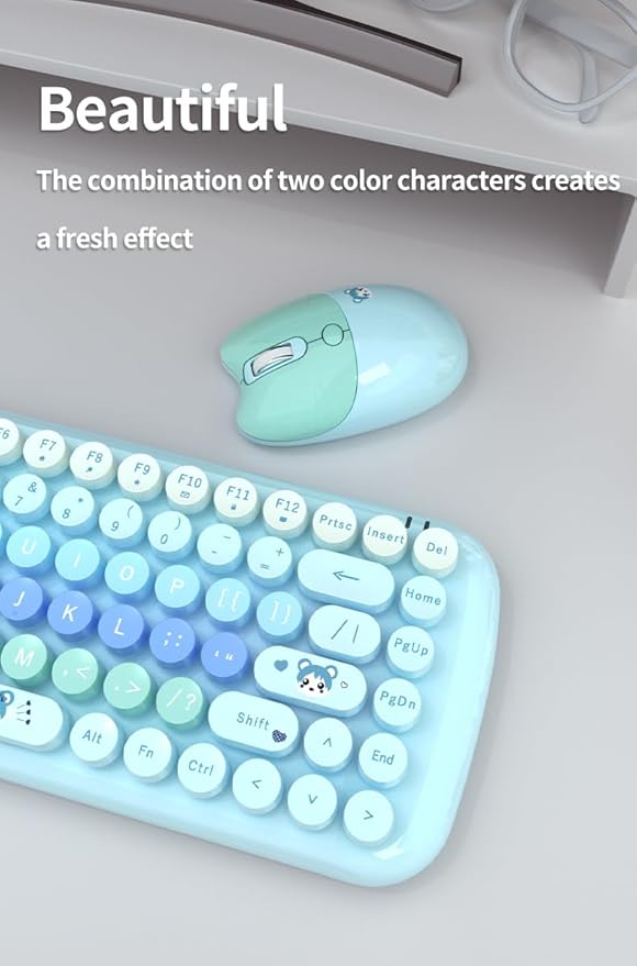 MOFII-TzBBL Mini Wireless Keyboard Mouse Set Round Keycap Multi-Colour Cute Lovely for Girls 84 Key (Multicolor Blue)