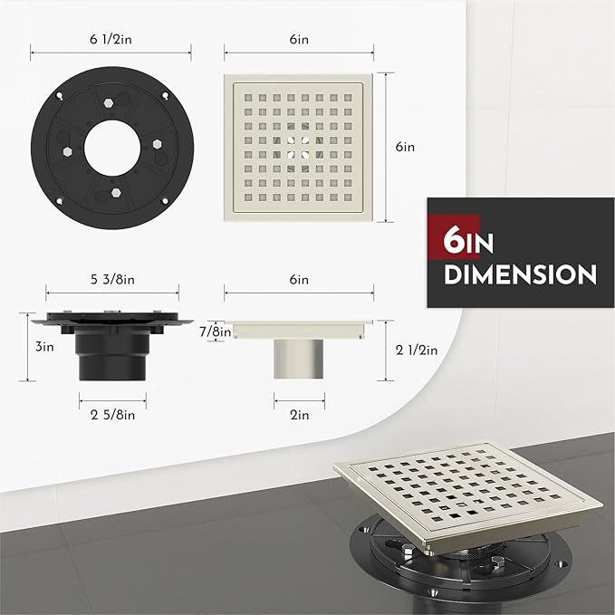 WEBANG 6 Inch Square Shower Floor Drain with Flange,Quadrato Pattern Grate Removable,Food-Grade SUS 304 Stainless Steel,Watermark&CUPC Certified,Brushed Nickel