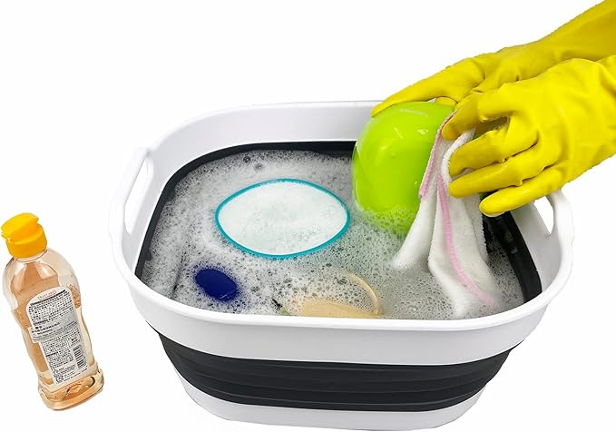 SAMMART 10L (2.64) Collapsible Plastic Dishpan - Foldable Washing Basin - Portable Dish Washing Tub - Space Saving Kitchen Storage Tray (White/Charcoal Black)