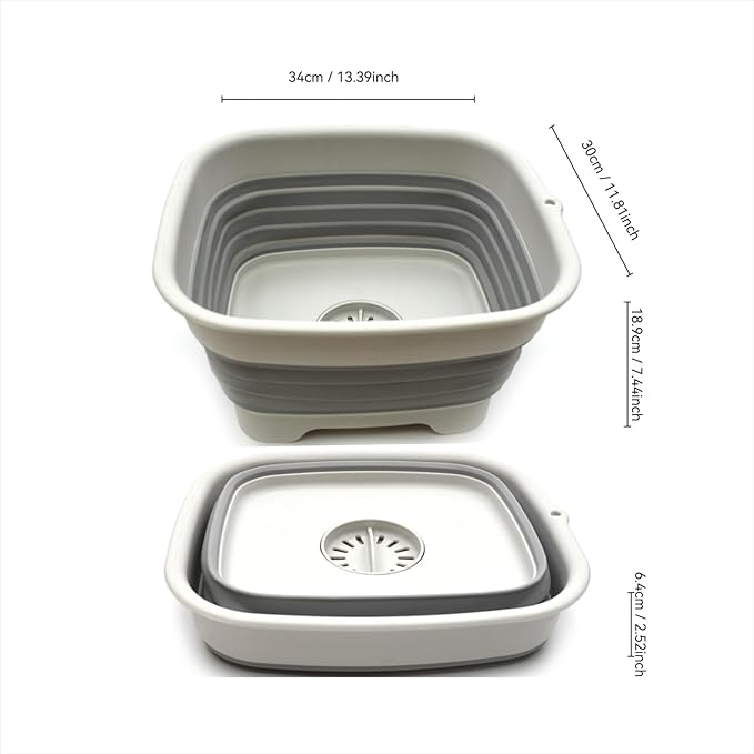 SAMMART 9.1L (2.4Gallon) Collapsible Dishpan with Draining Plug - Foldable Indoor Outdoor Washing Basin - Portable Dish Washing Tub - Space Saving Kitchen Storage Tray (1, Grey)