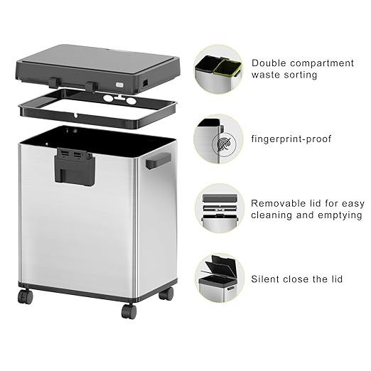 Motion Sensor Trash Can, Automatic Trash Cans Touchless, 13 Gallon 50 Liter Stainless Steel Garbage Cans for Kitchen Living Room with Odor Control & Wheels, Soft-Closing, Stay Open Lid