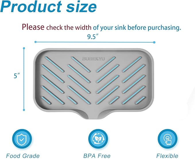 SUBEKYU Silicone Kitchen Soap Tray, Sink Tray for Kitchen Counter/Soap Bottles, Sponge Holder and Organizer with Drain Spout, Grey, [Size: 9.5 x 5 inch]