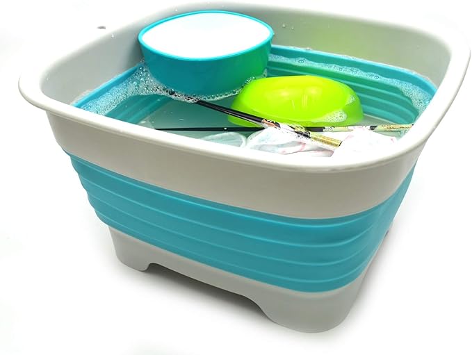 SAMMART 9.1L (2.4Gallon) Collapsible Dishpan with Draining Plug - Foldable Washing Basin - Portable Dish Washing Tub - Space Saving Kitchen Storage Tray (1, Grey/Brigt Blue)