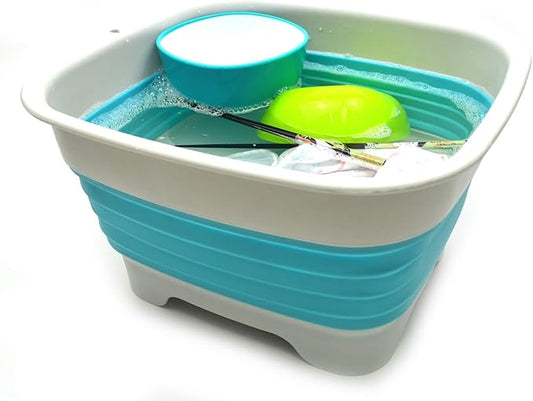 SAMMART 9.1L (2.4Gallon) Collapsible Dishpan with Draining Plug - Foldable Washing Basin - Portable Dish Washing Tub - Space Saving Kitchen Storage Tray (1, Grey/Brigt Blue)