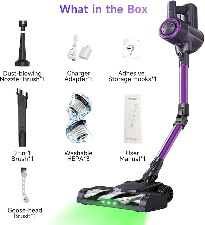 Cordless Vacuum Cleaner, Vacuum Cleaners for Home with 180° Bendable Wand | Green LED Light, Self-Standing, 1.5L Dust Cup, Washable HEPA Filter| Lightweight Stick Vacuum for Hardwood Floors