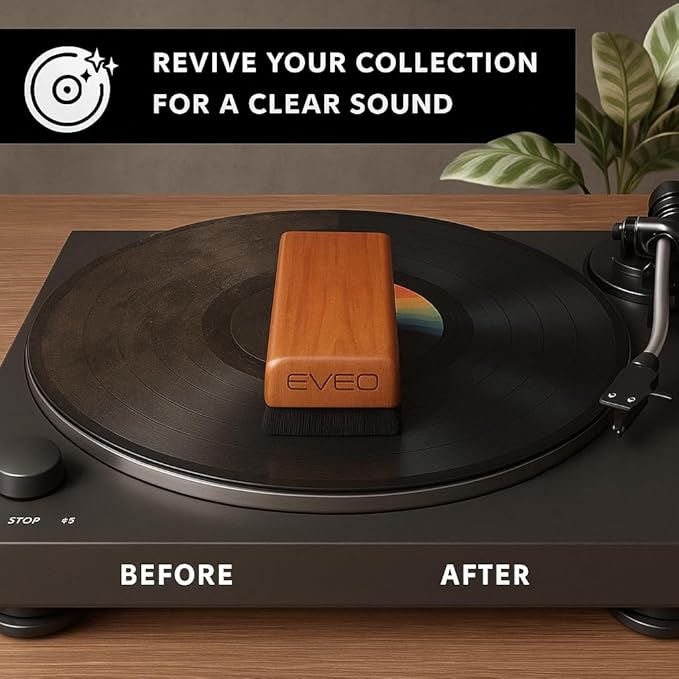 EVEO Vinyl Record Cleaning Kit - 4in1 Vinyl Record Cleaner Kit for Vinyl Records Albums. Vinyl Cleaner Includes XL Record Brush, Cleaning Liquid (4oz), Duster & Stylus Cleaning Gel - Archival Standard