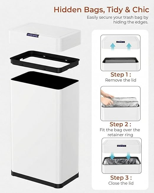TLSUNNY 18.5 Gallon Motion Sensor Trash Can,Touchless Automatic Garbage Can,Brushed Stainless Steel Smart Bin,with Bag Holder,Soft Close Lid,for Kitchen,Office,RV,Bedroom,Living Room (White, 70L)