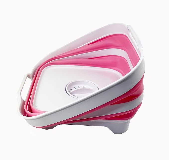 SAMMART 10L (2.64 Gallon) Collapsible Dishpan with Draining Plug - Foldable Washing Basin - Portable Dish Washing Tub - Space Saving Kitchen Storage Tray (White/Pink/White)