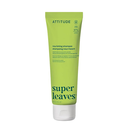 ATTITUDE Nourishing Hair Shampoo, EWG Verified, For Dry and Damaged Hair, Naturally Derived Ingredients, Vegan, Plant Based, Grapeseed Oil and Olive Leaves, 8 Fl Oz