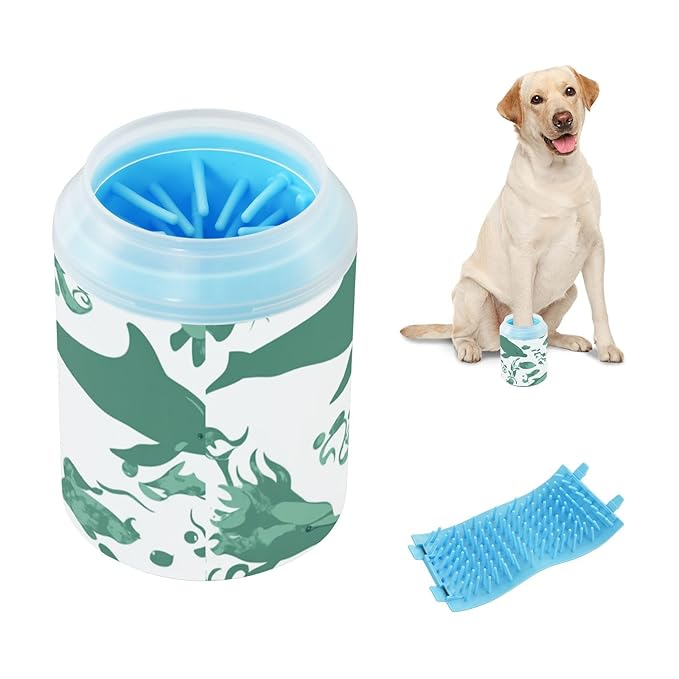 Dog Paw Cleaner Cups for Dogs Pets Foot Washer Paw Scrubber for Medium Small Dogs Cats Cleaning Cup Green Dolphins Fish and Seaweed