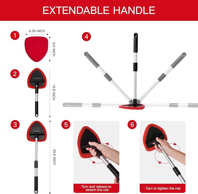 7pcs Windshield Cleaner Tool Car Window Cleaning Wash Kit with 4 Reusable Microfiber Pads 1 Spray Bottle and Extendable Handle Auto Glass Wiper Kit, Red