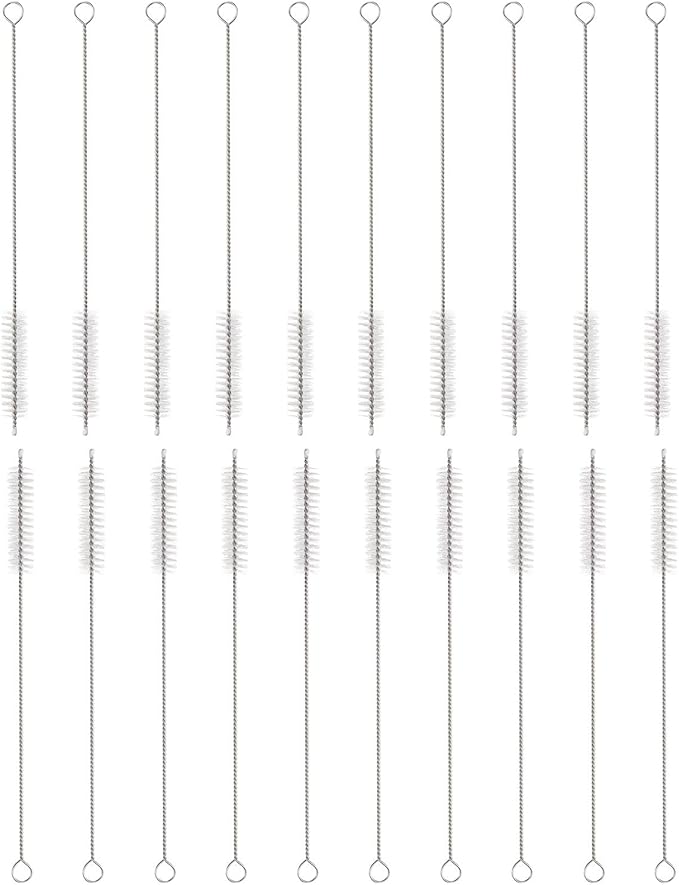 HARFINGTON Straw Cleaner Brush Set, 8 Inch Length 304 Stainless Steel and Nylon Bristles for Water Bottle Silicone Straw Sippy Cup Pipes, White (12mm OD, 20-Piece-Set)