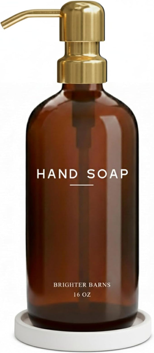 Luxury Glass Hand Soap Dispenser Bathroom Set by Brighter Barns - Refillable Liquid Hand Soap Dispenser Set for Kitchen - Gold Bathroom Decor and Accessories for Airbnb, Spa, Hotel, Gifts (Amber/Gold)