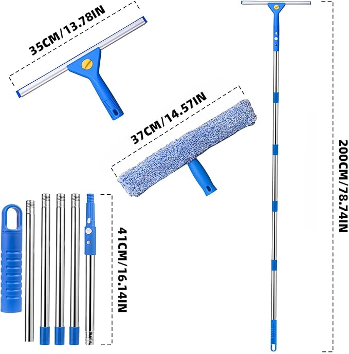 Professional Window Cleaning kit, 2-in-1 Window Squeegee with 78" Extension Poles, Suitable for Indoor & Outdoor Windows, High Glass, High Windows, Multi-Purpose Car Windshield Cleaning