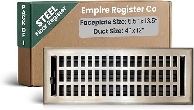 Empire Register Co, Decorative Air Vent Covers - 4x12 inch, Modern Contemporary Design, Brushed Nickel Finish, Heavy Duty Walkable Floor Register, Metal Damper Attached