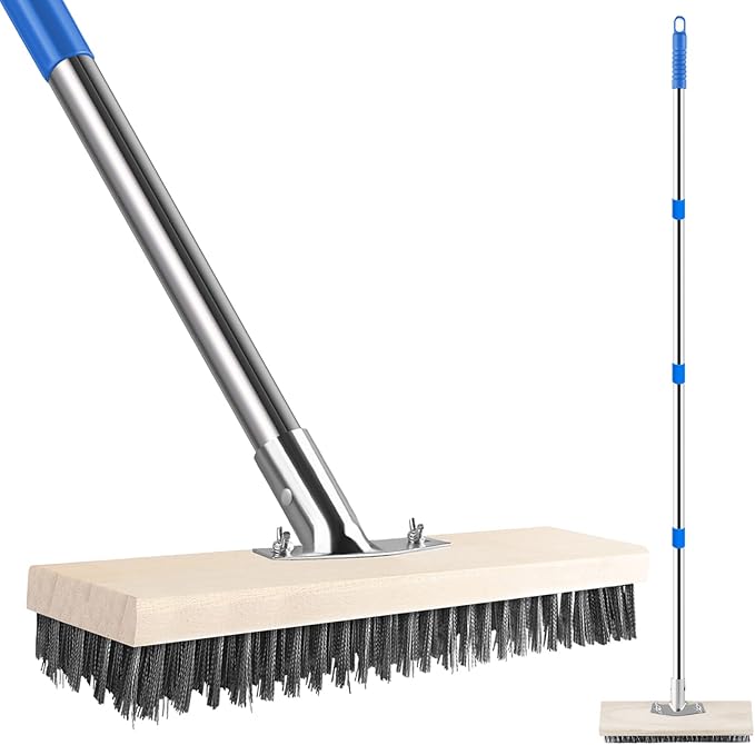 Stainless Steel Wire Scrub Brush with 62" Long Handle,Heavy Duty Stiff Metal Bristle Scrubber Broom for Deck Concrete Patio Gardens and Garages Floor Cleaning, Outdoor Moss Removal