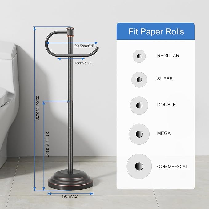 RUMOSE Toilet Paper Holder Stand for Floor, Oil Rubbed Bronze Bathroom Free Standing Toilet Tissue Roll Holder with Storage, Adjustable 17-25 Inch, SUS304 Stainless Steel