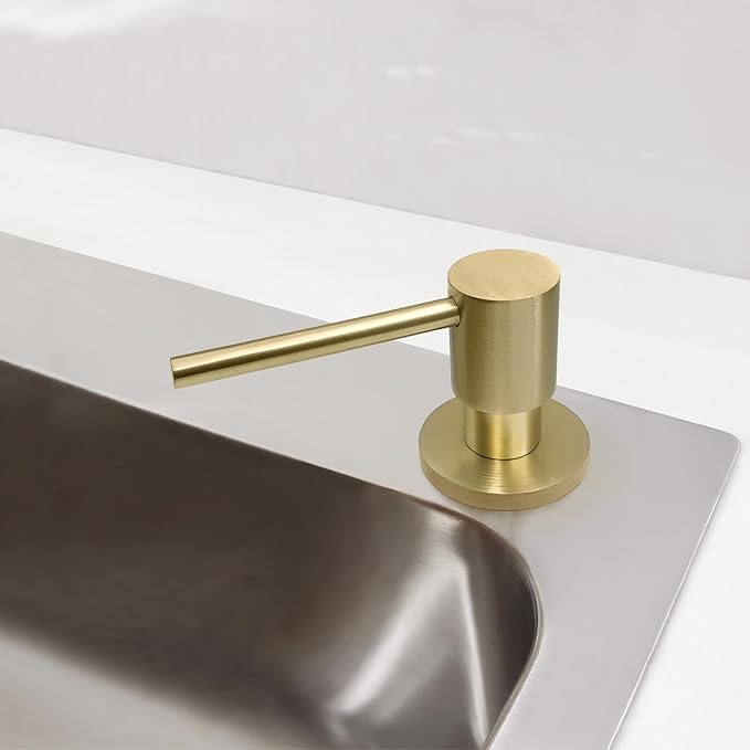 Brushed Gold All Brass Sink Soap Dispenser for Kitchen Sink Deck Mounted with 17 OZ Above The Sink Refillable PET Bottle Brass Pump Head in Counter Dish Soap Dispenser