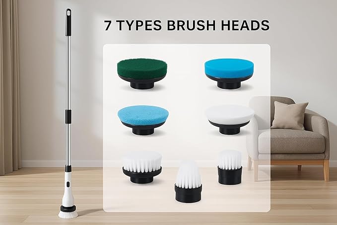 7-in-1 Electric Spin Scrubber, 25W Powerful Cordless Cleaning Brush with Adjustable Handle & 7 Replaceable Heads for Bathroom, Floor, Tile, Kitchen & Car