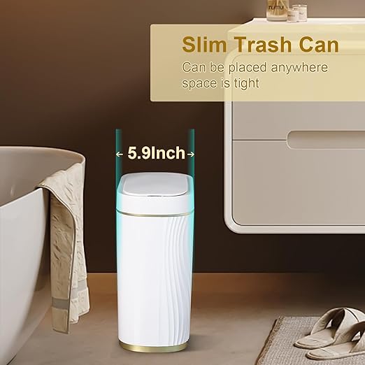 Bathroom Trash Cans with Lid 2 Gallon Automatic Trash Can, Small Motion Sensor Garbage Can, Slim Smart Trash Bin, Waterproof Plastic Garbage Bin for Bathroom, Bedroom, Living Room, Golden
